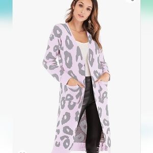 Womens Casual Open Front Cardigans Loose Long Sleeved Breathable Pink Leopard